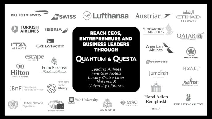 Collage of airline and hospitality logos surrounding a central black panel with white promotional text.