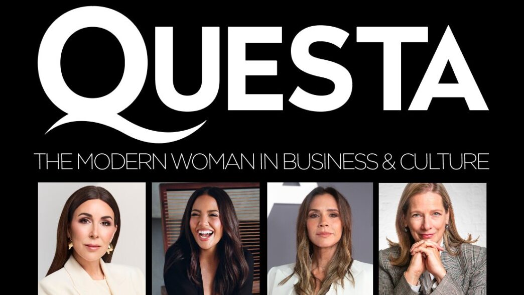Promotional banner for Questa: four portraits of professional women with the tagline 'The Modern Woman in Business & Culture' against a black background.