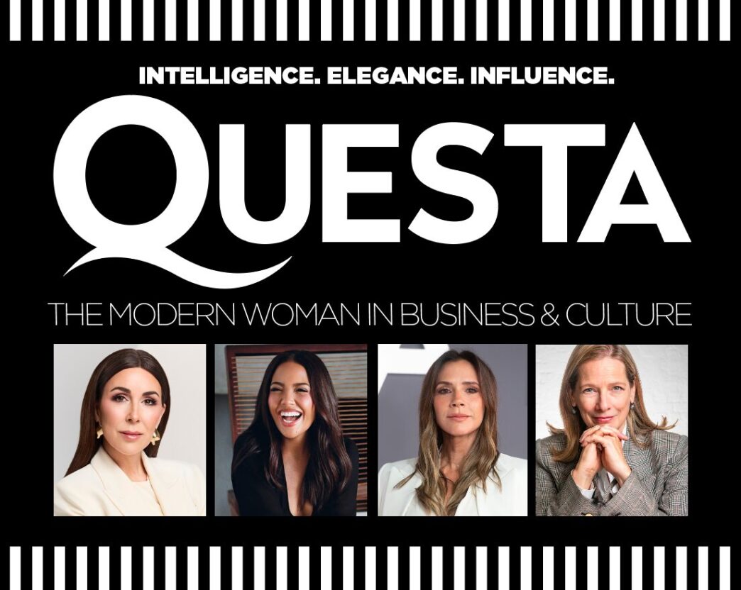 Promotional banner for Questa: four portraits of professional women with the tagline 'The Modern Woman in Business & Culture' against a black background.