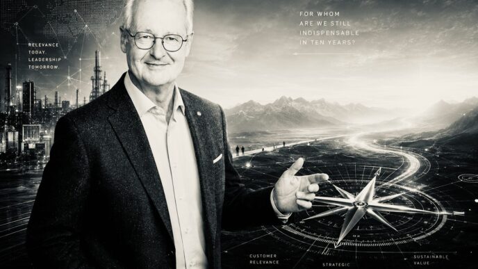 Portrait of a smiling man in a suit before a futuristic landscape with a compass, symbolizing leadership and foresight in business.