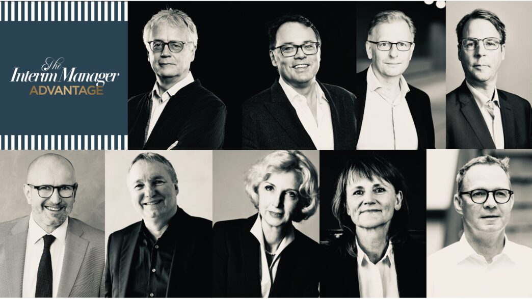 Collage of professional headshots of diverse executives with a left panel displaying 'The Interim Manager Advantage' logo.