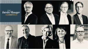 Collage of professional headshots of diverse executives with a left panel displaying 'The Interim Manager Advantage' logo.