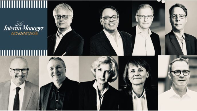 Collage of professional headshots of diverse executives with a left panel displaying 'The Interim Manager Advantage' logo.