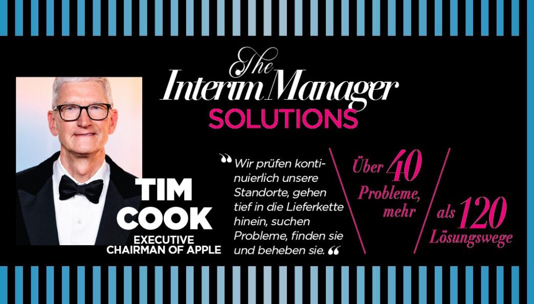 Banner-style black advertisement with blue borders; left side shows a man in a tuxedo portrait. To the right, large white text and a pink 'SOLUTIONS' caption, with a German quotation and two angled pink blocks reading 'Über 40 Probleme, mehr als 120 Lösungswege'—promoting interim manager solutions.