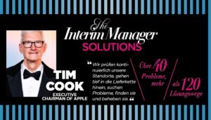 Banner-style black advertisement with blue borders; left side shows a man in a tuxedo portrait. To the right, large white text and a pink 'SOLUTIONS' caption, with a German quotation and two angled pink blocks reading 'Über 40 Probleme, mehr als 120 Lösungswege'—promoting interim manager solutions.